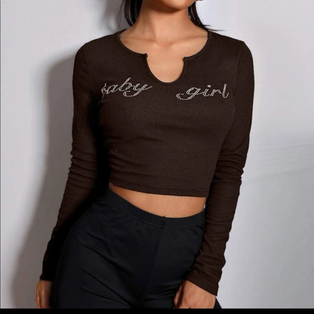 Brown Baby Girl written in rhinestones long sleeve crop top